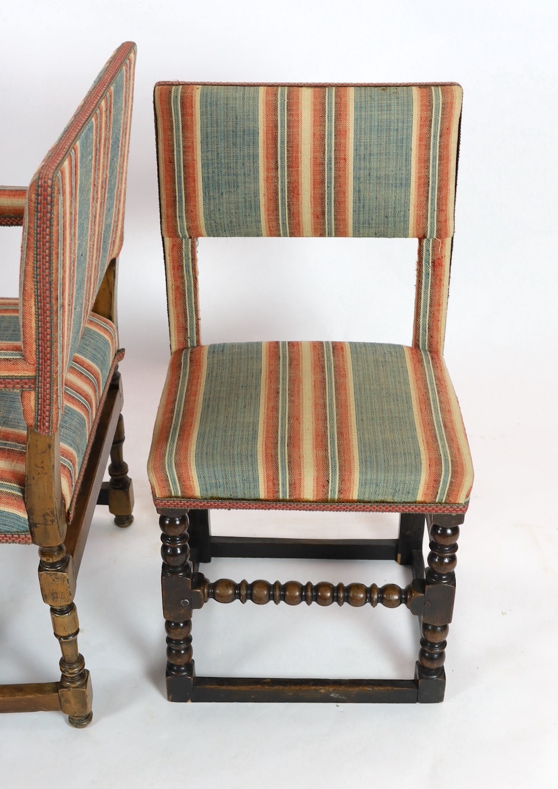 SOLD A matched set of twelve 17th century and later dining chairs, width 46cm, depth 38cm, height 92cm, carvers width 62cm, height 95cm, depth 60cm